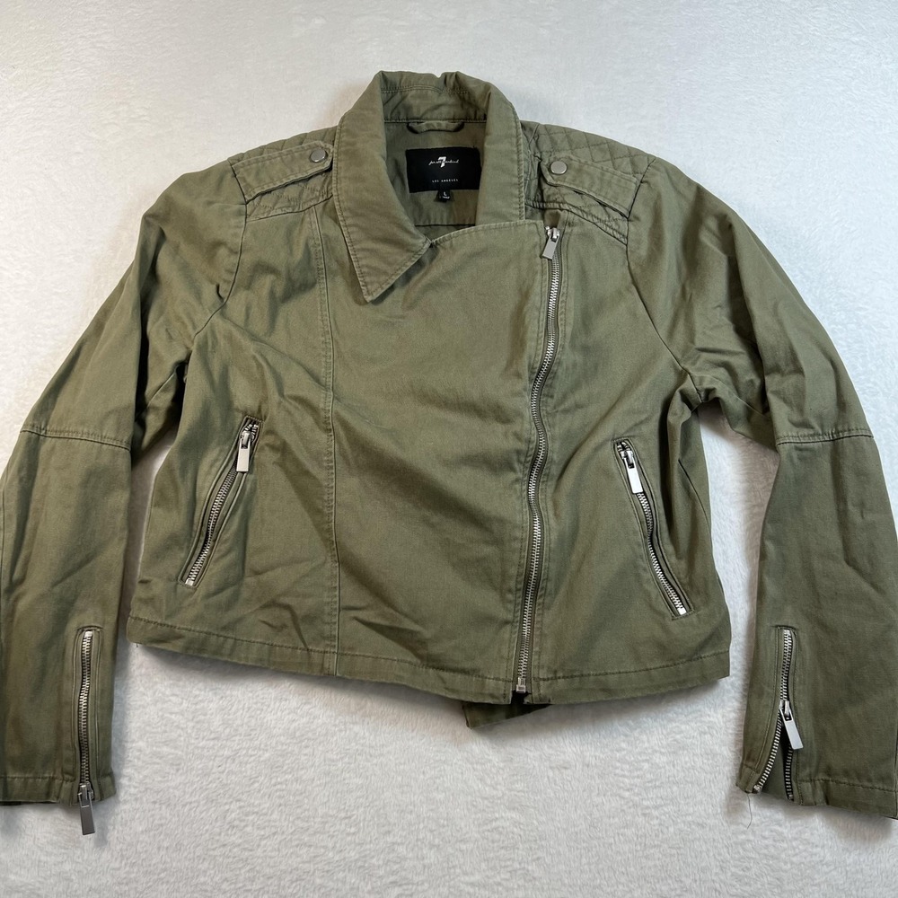 7 For All Mankind military Jacket Womens Large Green Cotton Twill Moto Biker Zip